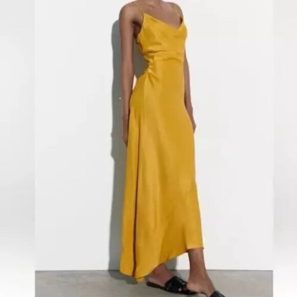 Zara Dresses & Skirts - NWT Zara Midi Satin Effect Slip Dress Summer Mustard Yellow Gold Size M